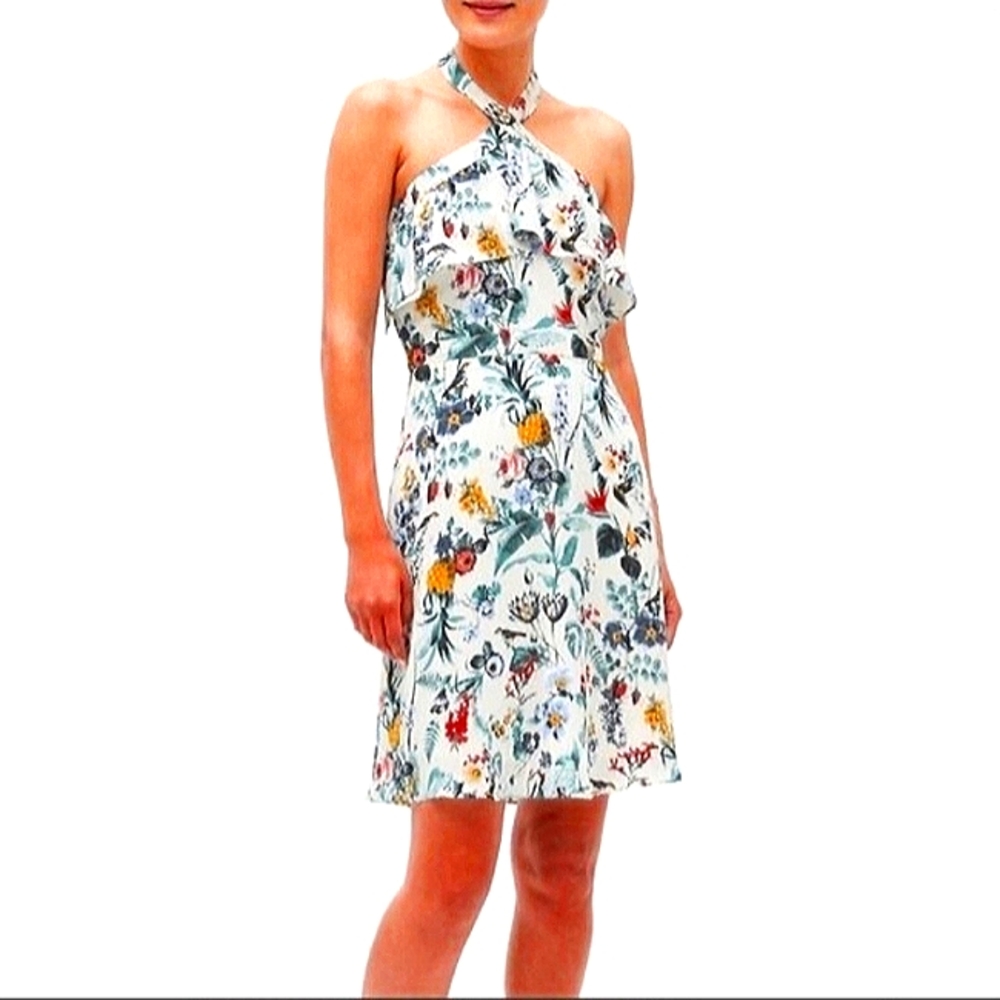 Banana Republic Vibrant Floral Halter Above Knee Dress with Flounce Top size 4